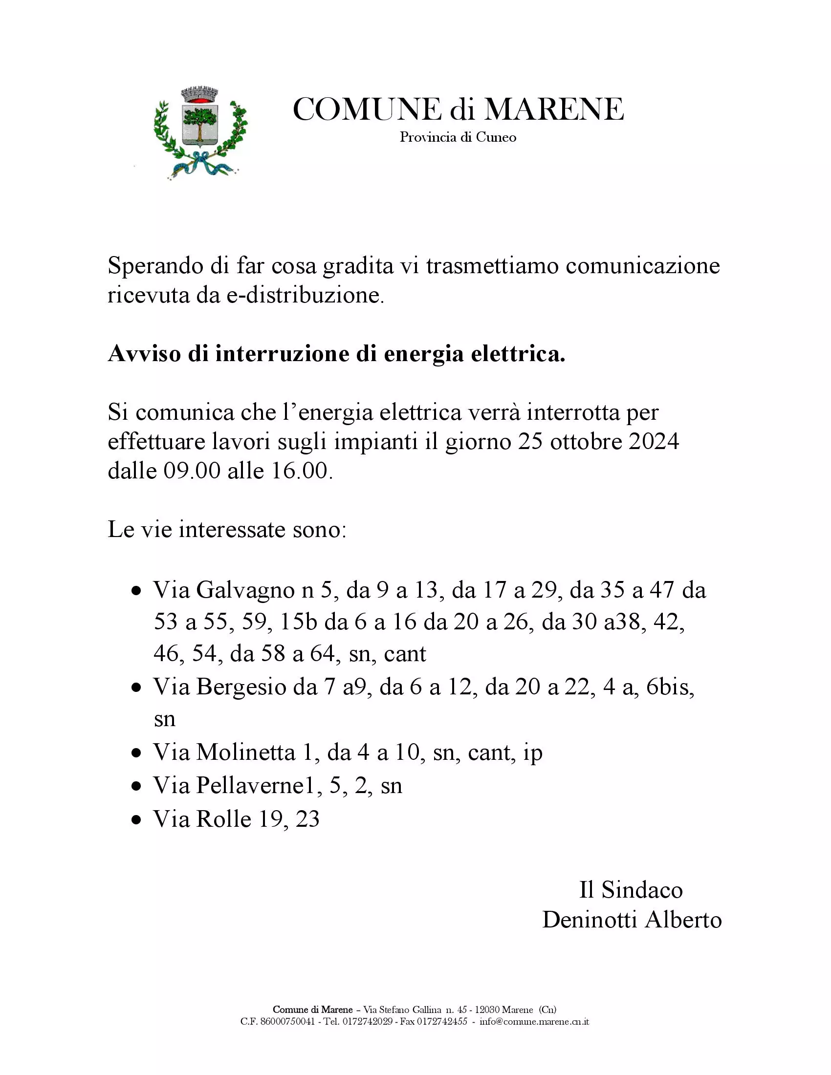 Avviso interruzione energia elettrica